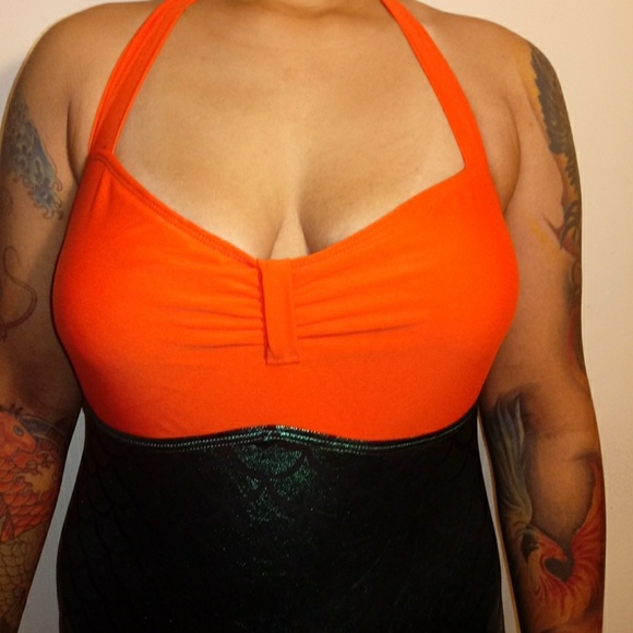 Orange Bralette Splice Metallic Mermaid One Piece - Picture 4 of 8